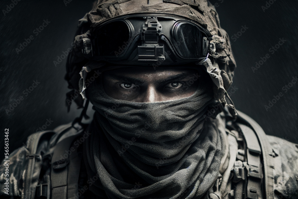 Army soldier in combat uniform with assault rifle, plate carrier and combat helmet, close-up, eye contact, dark background.