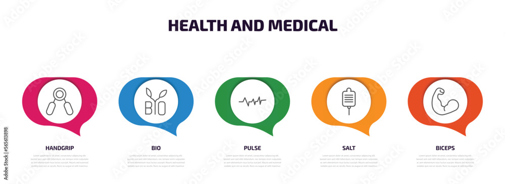 health and medical infographic element with outline icons and 5 step or option. health and medical icons such as handgrip, bio, pulse, salt, biceps vector. health and medical infographic element with outline icons and 5 step or option. health and medical icons such as handgrip, bio, pulse, salt, biceps vector.