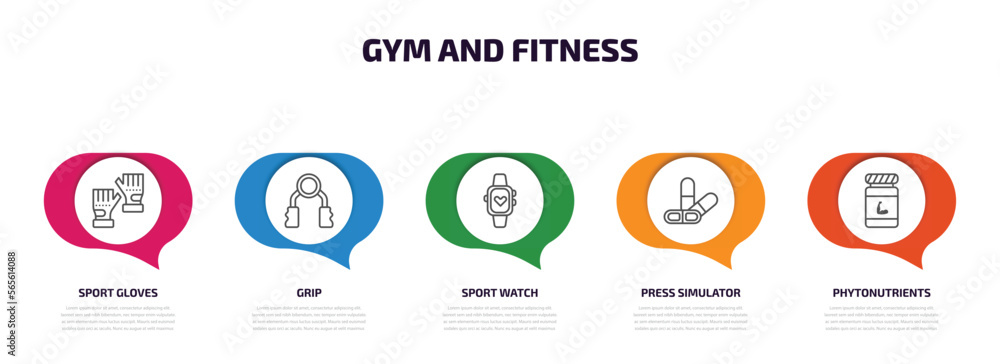 gym and fitness infographic element with outline icons and 5 step or option. gym and fitness icons such as sport gloves, grip, sport watch, press simulator, phytonutrients vector. gym and fitness infographic element with outline icons and 5 step or option. gym and fitness icons such as sport gloves, grip, sport watch, press simulator, phytonutrients vector.