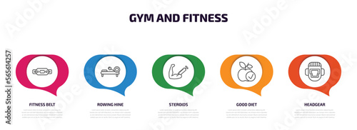 gym and fitness infographic element with outline icons and 5 step or option. gym and fitness icons such as fitness belt, rowing hine, steroids, good diet, headgear vector.
