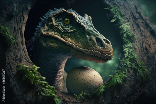  a dinosaur with a egg in its mouth in a tree trunk with moss growing around it and a dark background with a green fern and a dark sky.  generative ai photo