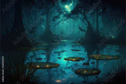 an illustration of a magical fantasy swamp at night, Generative AI