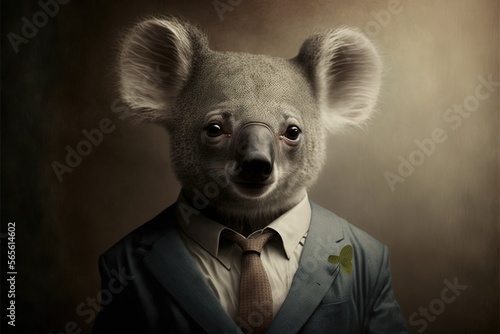  a koala wearing a suit and tie with a butterfly on his lapel collar and a butterfly on his lapel collar, and a butterfly on his left side. generative ai