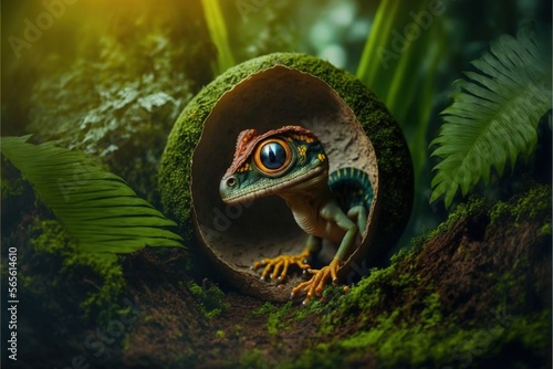  a gecko is sitting in a hole in the grass with a sun shining on it's face and eyes, with a fern behind it is a green background.  generative ai photo