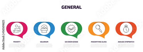 general infographic element with outline icons and 5 step or option. general icons such as poverty, solarium, go green badge, magnifiying glass, analog stopwatch vector.