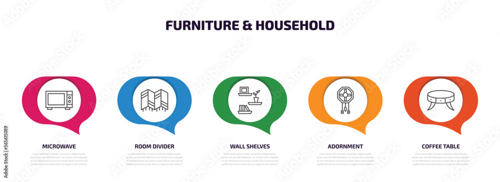furniture & household infographic element with outline icons and 5 step or option. furniture & household icons such as microwave, room divider, wall shelves, adornment, coffee table vector. furniture & household infographic element with outline icons and 5 step or option. furniture & household icons such as microwave, room divider, wall shelves, adornment, coffee table vector.