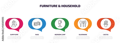 furniture & household infographic element with outline icons and 5 step or option. furniture & household icons such as sump pump, rugs, bedroom lamp, silverware, cactus vector.