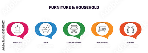 furniture & household infographic element with outline icons and 5 step or option. furniture & household icons such as bird cage, bath, laundry hamper, porch swing, curtain vector.