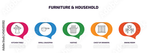 furniture & household infographic element with outline icons and 5 step or option. furniture & household icons such as kitchen table, small saucepan, heating, chest of drawers, dining room vector.