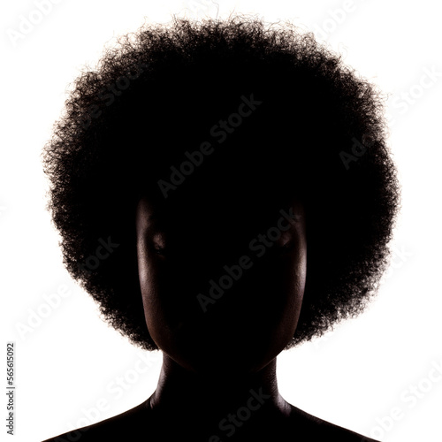 Silhouette portrait of african american girl with curly hair afro hairstyle isolated on white background.