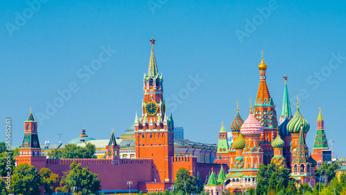 Spasskaya Tower of Moscow Kremlin and Cathedral of Vasily the Blessed (Saint Basil's Cathedral) on Red Square in sunny summer day. Panoramic view. Moscow. Russia