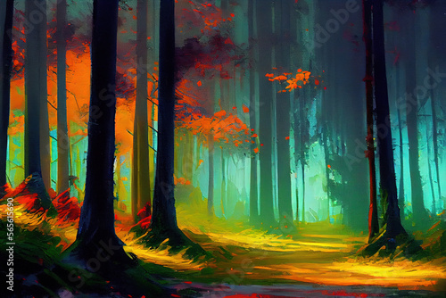 Сolorful forest painting. Generative AI.