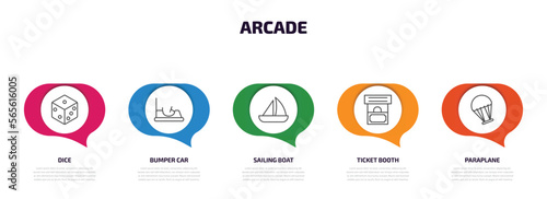arcade infographic element with outline icons and 5 step or option. arcade icons such as dice, bumper car, sailing boat, ticket booth, paraplane vector.