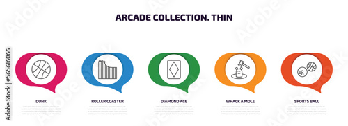 arcade collection. thin infographic element with outline icons and 5 step or option. arcade collection. thin icons such as dunk, roller coaster, diamond ace, whack a mole, sports ball vector.