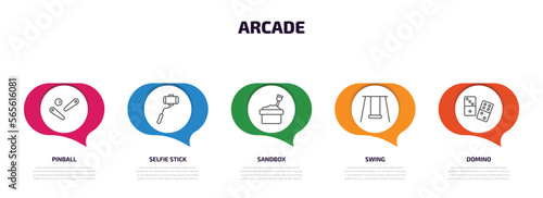 arcade infographic element with outline icons and 5 step or option. arcade icons such as pinball, selfie stick, sandbox, swing, domino vector.