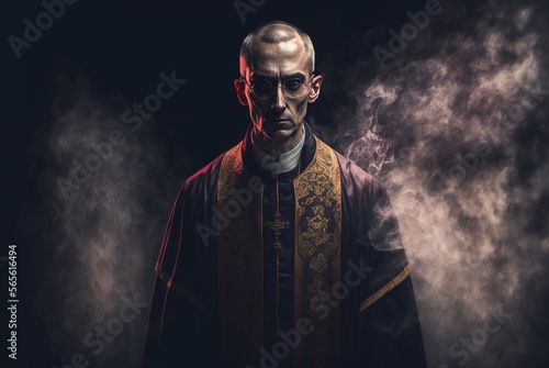 Serious catholic priest standing on black background with smoke. AI generated