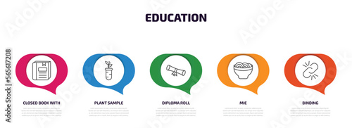 education infographic element with outline icons and 5 step or option. education icons such as closed book with marker, plant sample, diploma roll, mie, binding vector.