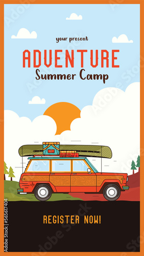 Adveture Summer Camp Social media stories template with vintage camper car. Classic camping invitation card design. Stock vector poster graphics