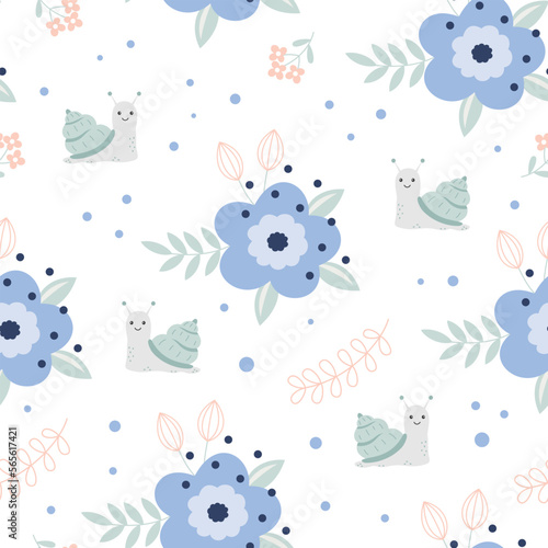 vector seamless pattern with flowers and snail