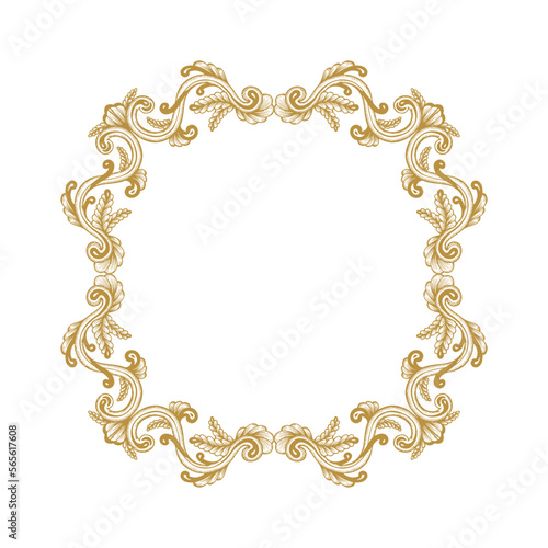 Hand Drawn Vintage damask ornamental elements for design. Baroque frame scroll ornament. Golden Elegant abstract floral pattern border in antique style. Decorative foliage swirl edging.