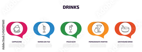 drinks infographic element with outline icons and 5 step or option. drinks icons such as cappuccino, ramos gin fizz, pisco sour, pomegranate martini, greyhound drink vector.