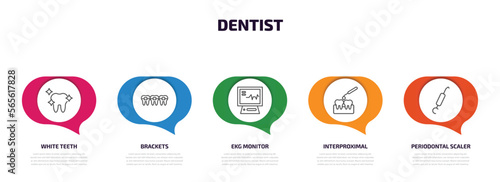 dentist infographic element with outline icons and 5 step or option. dentist icons such as white teeth, brackets, ekg monitor, interproximal, periodontal scaler vector.