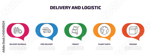 delivery and logistic infographic element with outline icons and 5 step or option. delivery and logistic icons such as delivery schedule, free freight, planet earth, package vector.