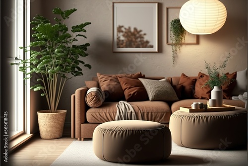Warm and cozy interior of living room space with brown sofa  pouf  beige carpet  lamp  mock up poster frame  decoration  plant and coffee table. Cozy home decor