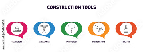 construction tools infographic element with outline icons and 5 step or option. construction tools icons such as traffic cone, jackhammer, paint roller, plumbing pipes, bolster vector.