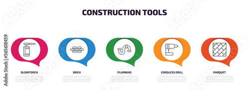 construction tools infographic element with outline icons and 5 step or option. construction tools icons such as blowtorch, brick, plumbing, cordless drill, parquet vector.