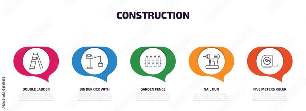 construction infographic element with outline icons and 5 step or option. construction icons such as double ladder, big derrick with boxes, garden fence, nail gun, five meters ruler vector. construction infographic element with outline icons and 5 step or option. construction icons such as double ladder, big derrick with boxes, garden fence, nail gun, five meters ruler vector.