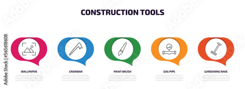 construction tools infographic element with outline icons and 5 step or option. construction tools icons such as wallpaper, crowbar, paint brush, gas pipe, gardening rake vector.