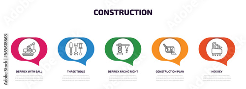 construction infographic element with outline icons and 5 step or option. construction icons such as derrick with ball, three tools, derrick facing right, construction plan, hex key vector.