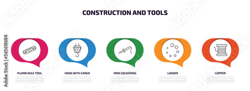 construction and tools infographic element with outline icons and 5 step or option. construction and tools icons such as plumb rule tool, hook with cargo, iron soldering, loader, copper vector.