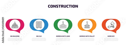 construction infographic element with outline icons and 5 step or option. construction icons such as big building, big clo, derrick with load, derrick with pallet, home key vector.