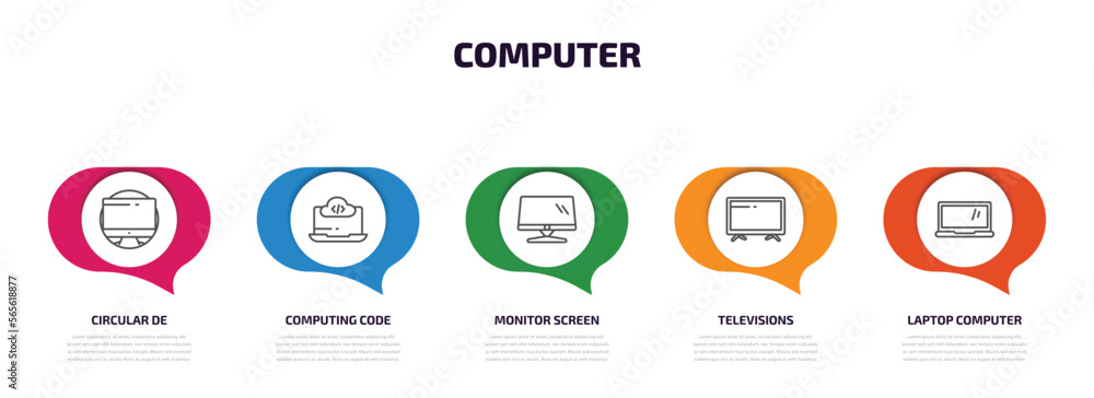 computer infographic element with outline icons and 5 step or option. computer icons such as circular de, computing code, monitor screen, televisions, laptop computer screen vector. computer infographic element with outline icons and 5 step or option. computer icons such as circular de, computing code, monitor screen, televisions, laptop computer screen vector.