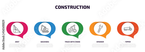 construction infographic element with outline icons and 5 step or option. construction icons such as joist, backhoes, truck with crane, spanner, tipper vector.
