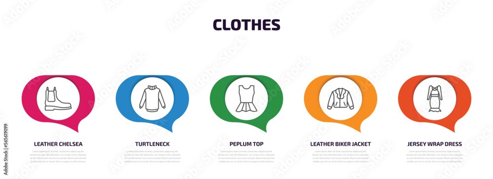 clothes infographic element with outline icons and 5 step or option. clothes icons such as leather chelsea boots, turtleneck, peplum top, leather biker jacket, jersey wrap dress vector. clothes infographic element with outline icons and 5 step or option. clothes icons such as leather chelsea boots, turtleneck, peplum top, leather biker jacket, jersey wrap dress vector.