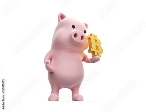 3d render of pig holding bitcoin symbol on white background