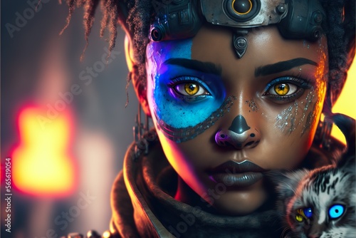 A worrier black women with cat eyes and curly hairs, illustration, AI