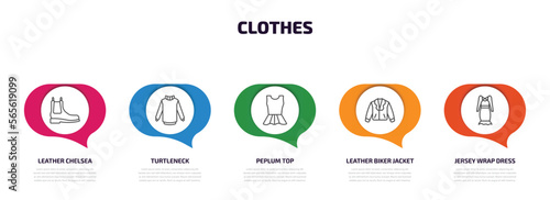 clothes infographic element with outline icons and 5 step or option. clothes icons such as leather chelsea boots, turtleneck, peplum top, leather biker jacket, jersey wrap dress vector.