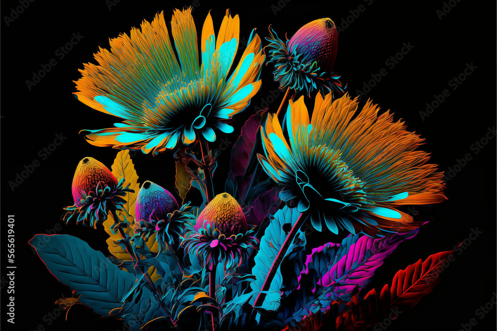 Wildflower Art with Black Background - A Pop of Color in a Minimalistic Setting