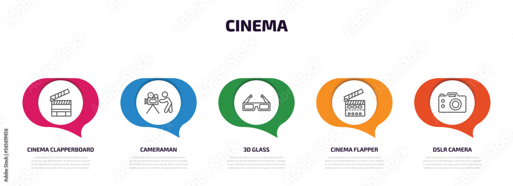 cinema infographic element with outline icons and 5 step or option. cinema icons such as cinema clapperboard, cameraman, 3d glass, flapper, dslr camera vector. cinema infographic element with outline icons and 5 step or option. cinema icons such as cinema clapperboard, cameraman, 3d glass, flapper, dslr camera vector.