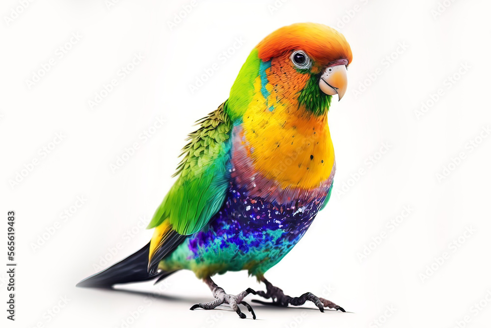 Multicolored tropical and exotic small birds on a white isolated background. AI