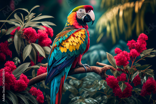 Nature photography of exotic animals, beautiful colorful ara macaw on a flower branch in the jungle, background/wallpaper/desktop, generative ai