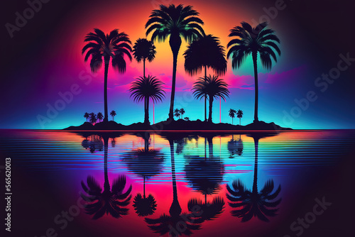 Night neon landscape with palm trees  night background  90s  retro style  Bright multi-colored neon  seascape. AI
