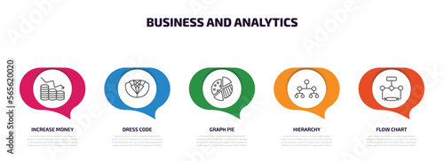 business and analytics infographic element with outline icons and 5 step or option. business and analytics icons such as increase money, dress code, graph pie, hierarchy, flow chart vector.