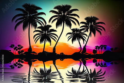 Night neon landscape with palm trees, night background, 90s, retro style, Bright multi-colored neon, seascape. AI © MiaStendal