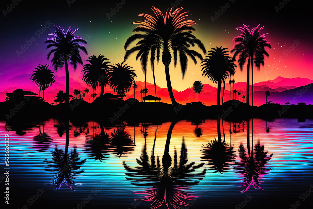 Night neon landscape with palm trees, night background, 90s, retro style, Bright multi-colored neon, seascape. AI
