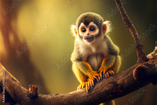 Nature photography of exotic animals, adorable little squirrel monkey in a tree, background/wallpaper/desktop, generative ai photo
